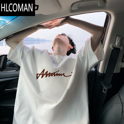 HLCOMANNELY美式潮牌手绘字母短袖男夏季半袖痞帅宽松T恤上衣