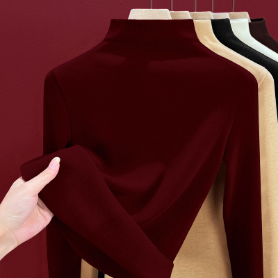 蚕丝德绒发热保暖衣女内搭上衣加绒加厚半高领秋衣羊毛打底衫冬季