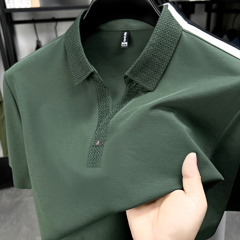 夏季冰丝无痕提花剪刀领短袖POLO衫青年商务休闲简约T恤上衣