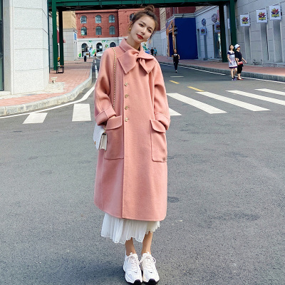 FISHBASKET双面绒大衣女中长款小个子复古赫本风气质水波纹毛呢外套加厚毛呢外套