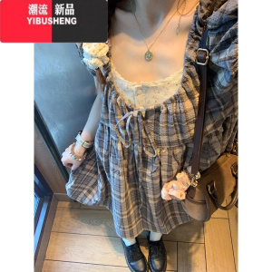 YIBUSHENG格纹连衣裙穿搭套装季法式泡泡袖宽松小个子短裙内搭碎花上衣女