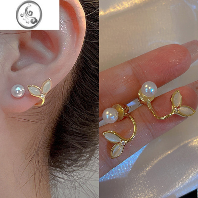 JiMi气质耳饰猫眼石鱼尾珍珠耳钉小众设计感高级耳环女2023年新款潮