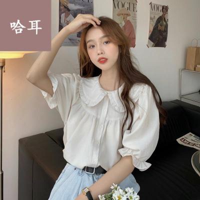 短袖衬衣寸衫女款半袖夏季2021新款很仙的法式花边娃娃领减龄宽松设计感短袖衬衫上衣女图片色均码