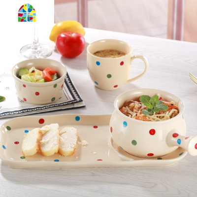 早餐组合餐具碗碟套装创意手柄碗汤碗碗筷碗盘家用个性一人食单人 FENGHOU [6件套]静谧米蓝