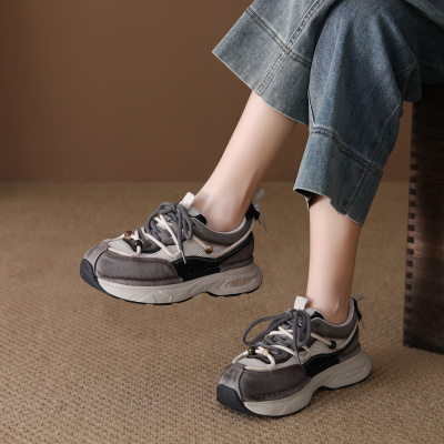 头层牛皮单鞋女2026春季新款透气网面时尚松糕跟休闲运动鞋老爹鞋