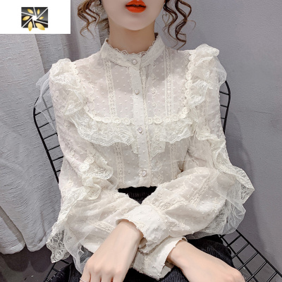 暖青汇超仙洋气立领衬衫女秋冬新款2020百搭衬衣荷叶边长袖蕾丝打底上衣蕾丝衫