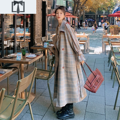SUNTEK格子风衣女2020秋季新款韩版宽松气质复古显瘦过膝垂感流行外套潮风衣