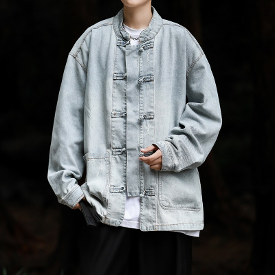男装新中式国潮水洗做旧情侣牛仔夹克复古立领宽松盘扣唐装男外套