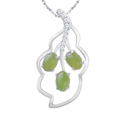 梦克拉Mkela S925银和田碧玉吊坠 萌叶 碧玉树叶挂坠群镶 和田玉碧玉吊坠女款 银镶玉女款项坠 女士 玉石吊坠