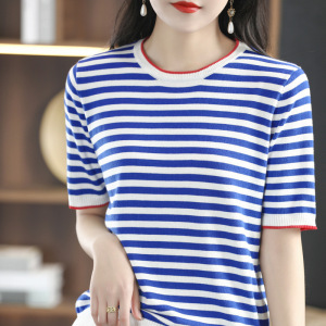 夏季新款海军风条纹圆领短袖女套头宽松显瘦棉线针织T恤衫