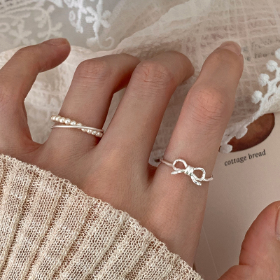 S925纯银线条蝴蝶结珍珠戒指女温柔优雅开口戒法式食指戒气质送女朋友老婆情人节七夕生日礼物