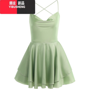 YIBUSHENG性感气质露背绑带吊带连衣裙缎面高级感双层下摆收腰显瘦短裙女潮