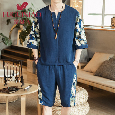 富贵鸟夏季中国风亚麻套装男潮流帅气短袖T恤仙鹤刺绣棉麻2021大码两件套装
