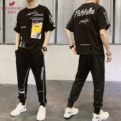 富贵鸟（FUGUINIAO）短袖T恤套装男2020夏季新款潮牌韩版帅气搭配衣服学生休闲两件套