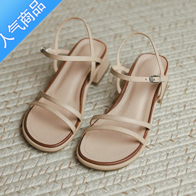 SUNTEK软底凉鞋女2023夏季新款脚胖宽中跟一字带露趾大码鞋41粗跟仙女风