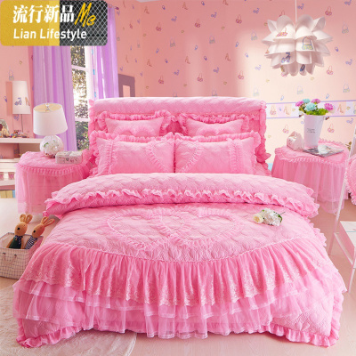 韩版结婚四件套床裙款蕾丝床罩式夹棉加厚1.8m婚庆公主风床上用品 三维工匠