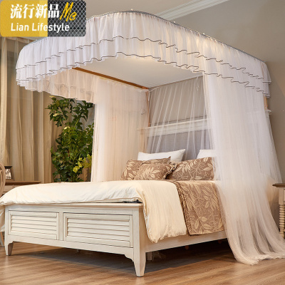 三维工匠新款家用u型轨道导轨蚊帐落地三开加密加厚1.5米1.8m2m床白色