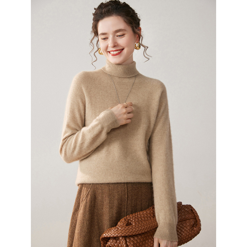 秋冬新款女士高翻领无缝山羊绒针织衫百搭羊毛衫显瘦气质打底毛衣