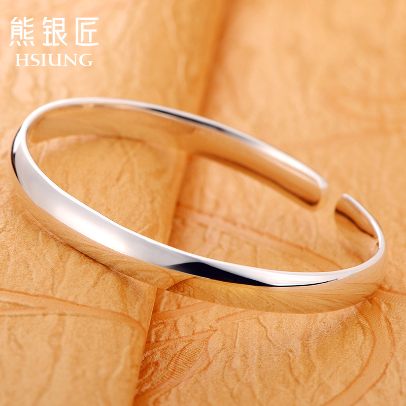 银手镯999纯银女款开口光面简约银手镯可刻字送女友送闺蜜