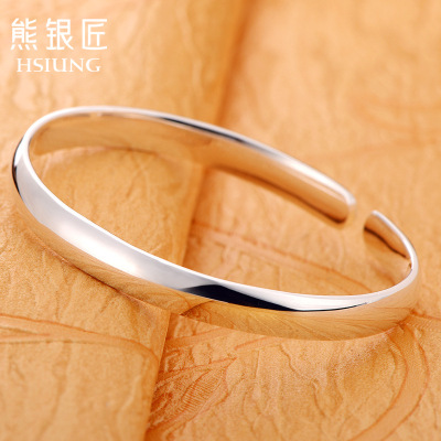 银手镯999纯银女款开口光面简约银手镯可刻字送女友送闺蜜