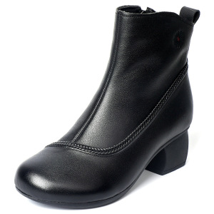 头层牛皮拼接休闲复古软底短靴民族25冬百搭皮靴中跟女靴妈妈单靴