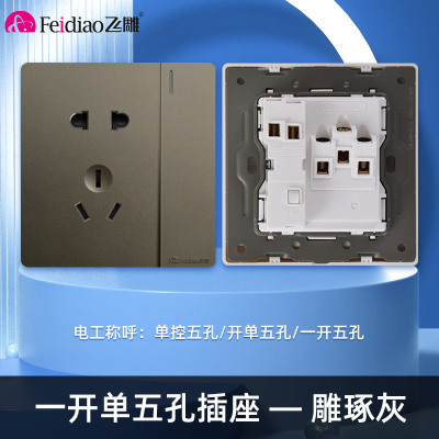 飞雕(FEIDIAO)开关插座86型家用暗装 超大面板钢支架 雕琢系列电源墙壁开关面板 雕琢灰一开单五孔插