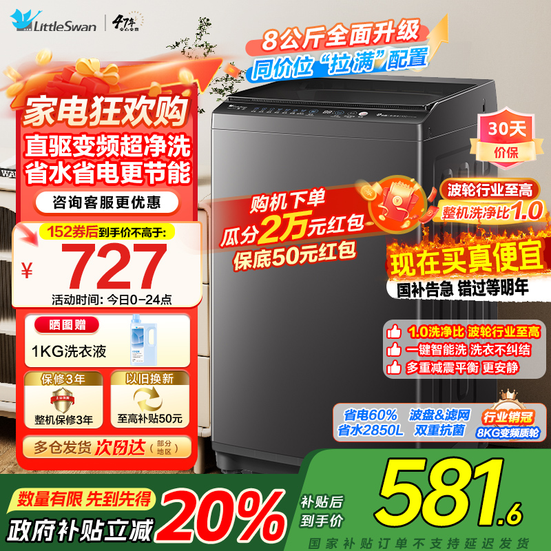 [苏宁自营]小天鹅波轮洗衣机全自动8公斤一级能效除菌除螨家电宿舍租房神器以旧换新TB80V26DT