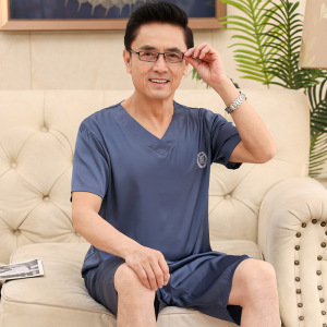 夏季休闲大码睡衣男短袖短裤中老年爸爸可外穿冰丝凉感家居服套装
