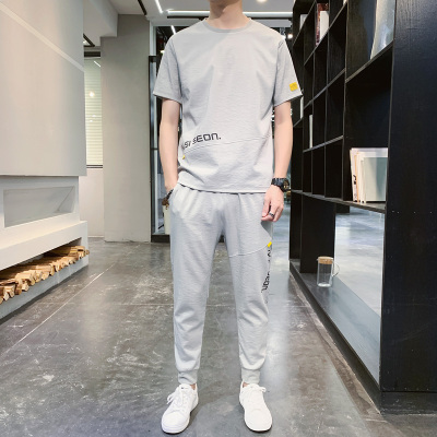 蓝缕金(LANLVJIN)男士休闲运动跑步套装男装2021夏季新款时尚帅气两件套青少年短袖T恤搭配束脚九分裤舒适一套