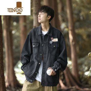 YANXUEECOOL秋季新款2023港风复古美式休闲设计感男士翻领牛仔衬衫外套