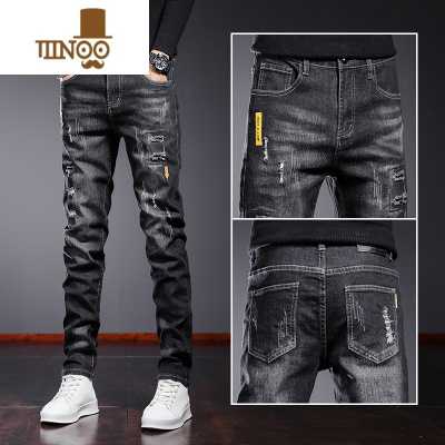 YANXU黑色牛仔裤男士2021秋季新款修身小脚韩版潮流潮牌休闲长裤子
