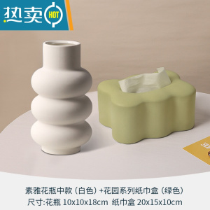 敬平纸巾盒客厅轻奢ins抽纸盒北欧纸巾收纳盒餐巾纸装饰陶瓷摆件 素雅花瓶中款白色+花园系列纸巾盒牛油果绿