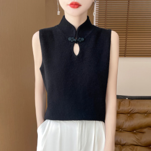 新中式国风盘扣上衣女小众复古无袖T恤背心纯色立领气质打底衫