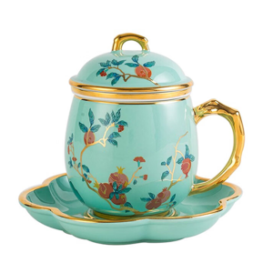 Gao Chun Ceramics 高淳陶瓷杯办公室泡茶陶瓷过滤带盖杯子珐琅描金骨瓷滤茶杯350ml
