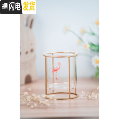 三维工匠创意ins风玻璃笔筒多功能文具收纳北欧圆形可爱铁艺笔筒桌面摆件 火烈鸟A款