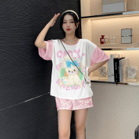 Ceba睡衣女夏季丝绸冰丝可爱蓝结熊短袖短裤两件套薄款家居服