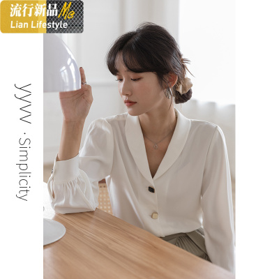 暖青汇法式复古上衣雪纺V领白衬衫女长袖设计感小众衬衣春新款洋气小衫