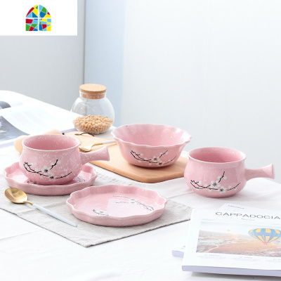 日式陶瓷早餐具套装家用雪花盘子可爱碗碟饭碗带手柄泡面碗 FENGHOU 波点(绿色)五件套 5件