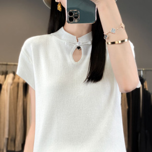 年夏季新款新中式国风冰丝立领针织衫女短袖盘扣纯色宽松上衣