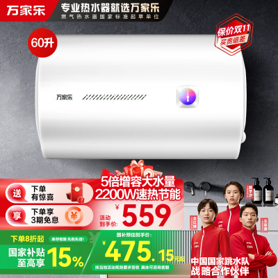 万家乐 60升电热水器小尺寸 2200W速热多重防护 出租房家用小型洗澡机 节能省电D60-H111B(S)
