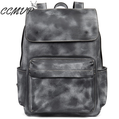 CCMVP品牌自营质量保证-CCMVP新款手工擦色雾蜡皮双肩包旅行包男士背包复古头层牛皮电脑书包潮黑色手工打磨雾蜡皮