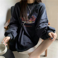 美式复古印花圆领卫衣女秋装学生打底衫常规款休闲宽松上衣薄款潮