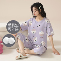 夏季睡衣女款带胸垫宽松可爱短袖七分裤夏天免穿文胸可外穿家居服_1