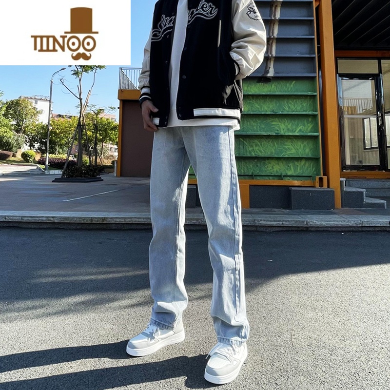 YANXUMUGENG国潮高街浅色百搭牛仔裤男女vibe风美式休闲直筒弹力工装裤