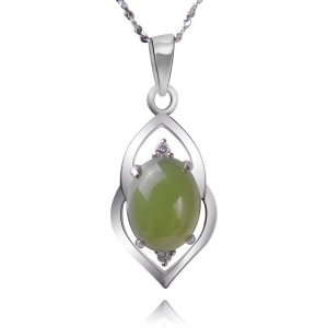 梦克拉 Mkela S925银和田碧玉吊坠 情露 和田玉吊坠女款 银镶玉女款项坠 玉石吊坠 油青 绿色