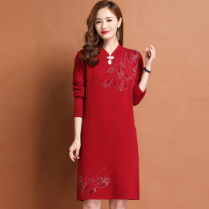 加厚新中式国风改良旗袍包臀长裙子女春秋大码收腰针织打底羊绒连衣裙红色旗袍裙气质长款复古高级感敬酒服连衣裙