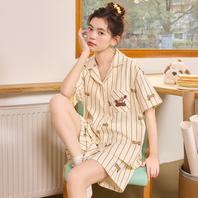 翻领开衫纯棉睡衣女款夏季卡通短袖短裤家居服套装甜美可爱可外穿