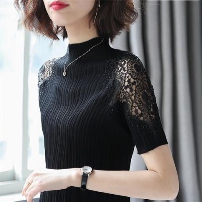 暖青汇女装蕾丝短袖t恤衫女夏季新款2020新款修身上衣黑色针织打底衫蕾丝衫