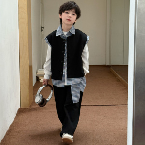 男童春装套装2026新款儿童假两件马甲三件套中大童春季男孩春秋款