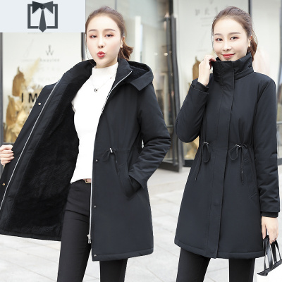 SUNTEK女装中长款加绒开衫连帽卫衣冬季大码外套胖妹妹黑色大衣加厚风衣风衣